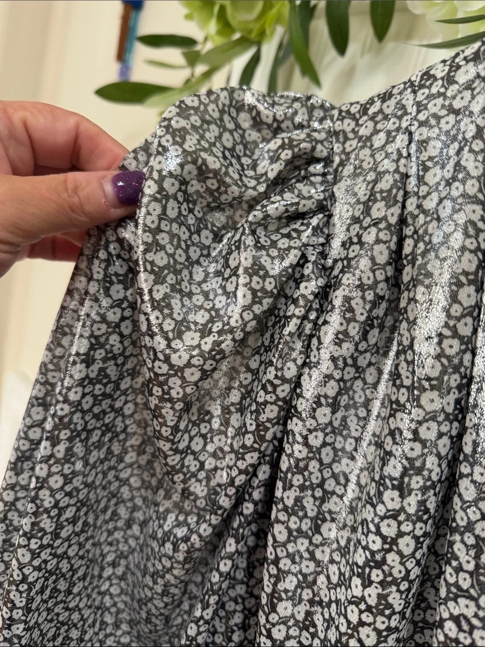 #978 FREE PEOPLE Talk That Talk Shiny Silver Floral Peplum Blouse